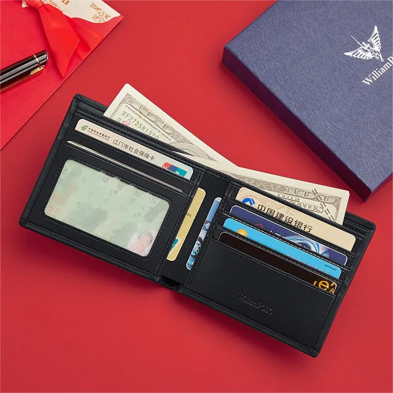 WILLIAMPOLO 男性用 二つ折り財布 激安通販 レザー 黒 折りたたみ財布 軽量コンパクトサイズ